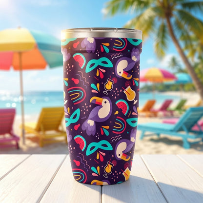 Dark purple Peyto 16oz travel cup featuring a colorful pattern of toucans, watermelons, carnival masks, and cocktails with a silver lid.