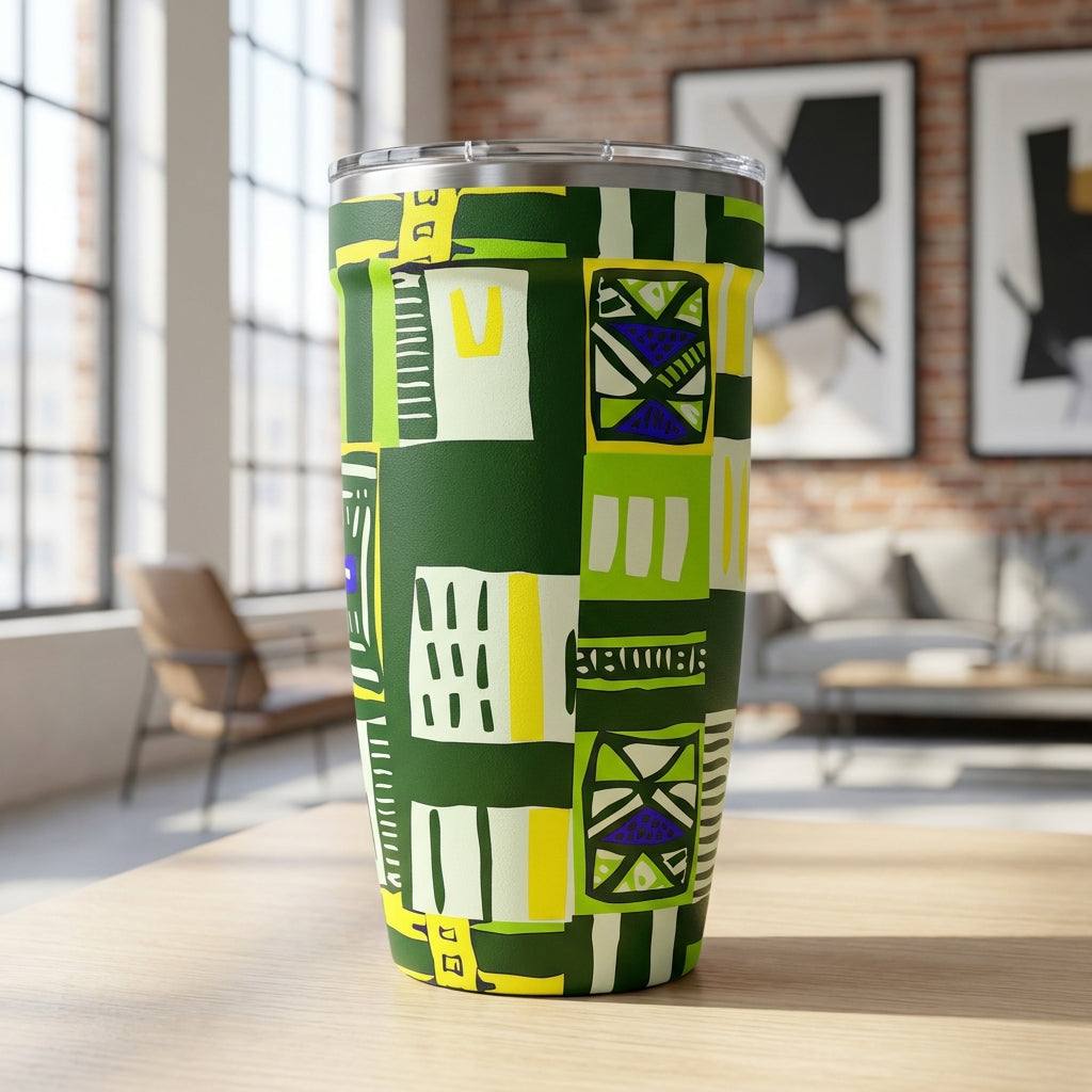 Peyto 16 oz stainless steel tumbler featuring a dark forest green body with an abstract geometric pattern of yellow, white, and blue rectangles.