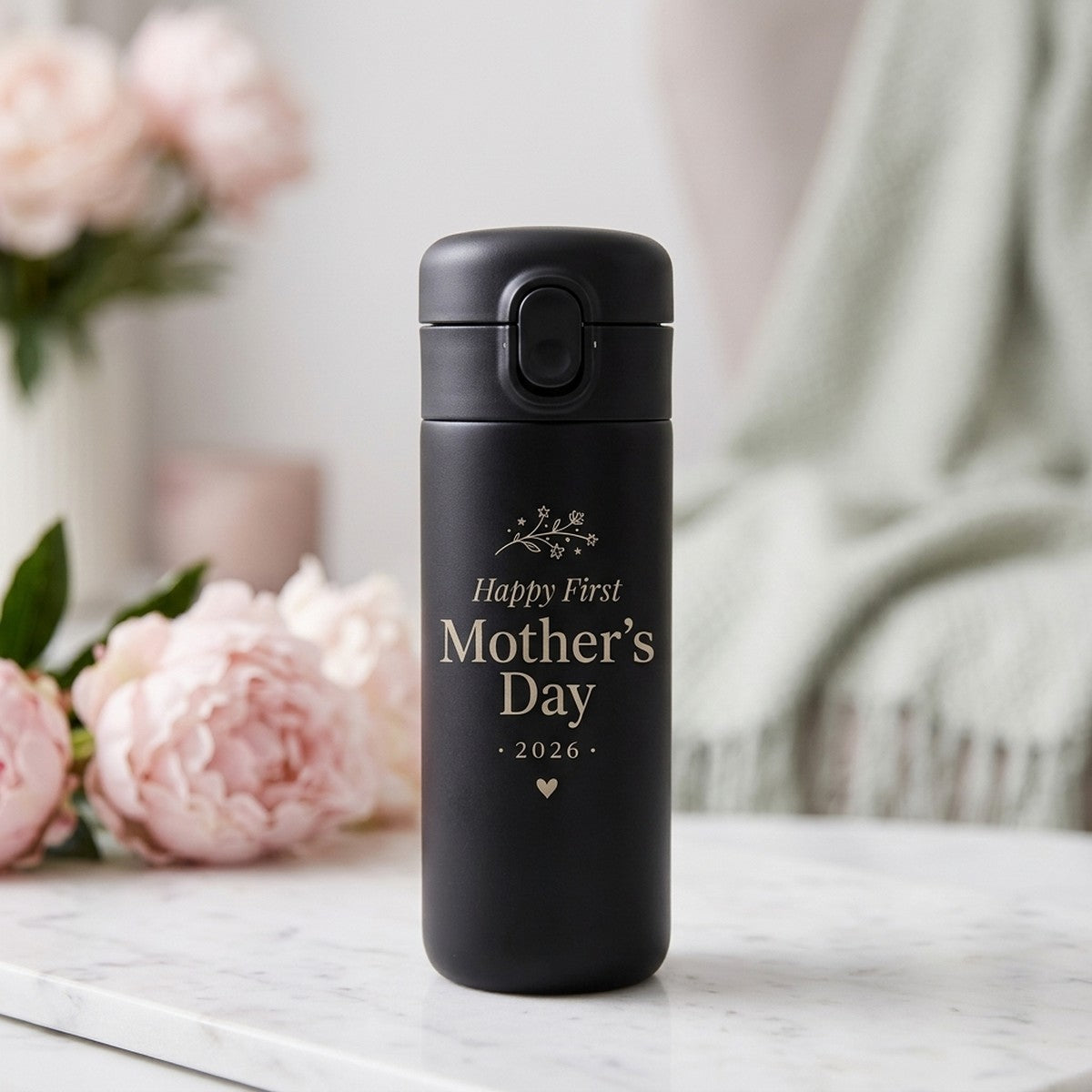 Happy First Mother's Day 2026 engraved Emerald 12oz Onyx travel mug — all matte black