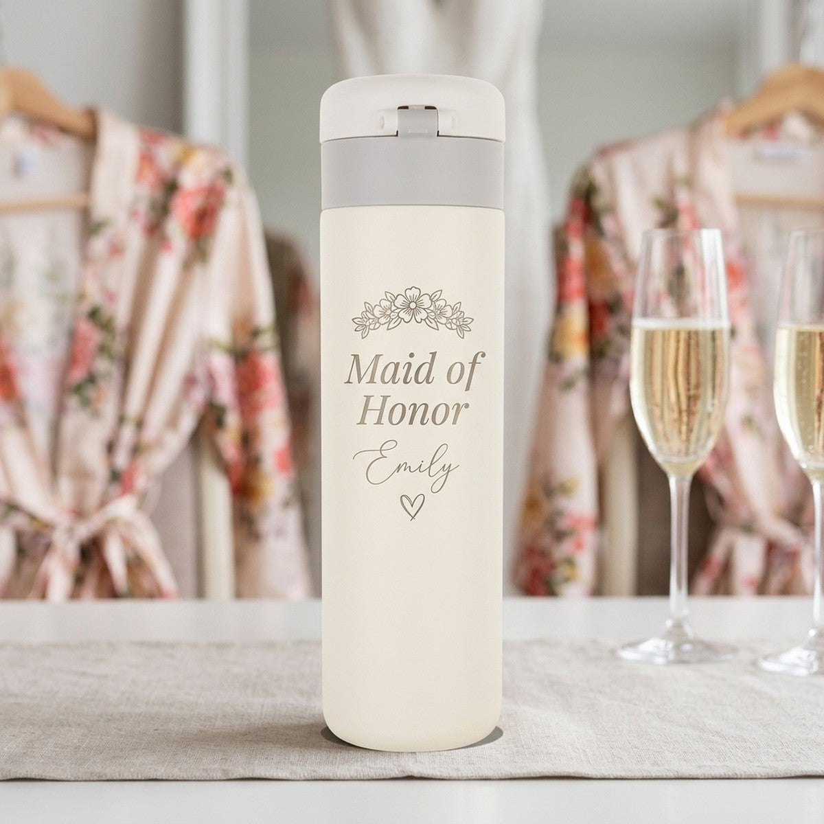 "Maid of Honor" Floral Crown Engraved Emerald 16oz Tumbler — Snow