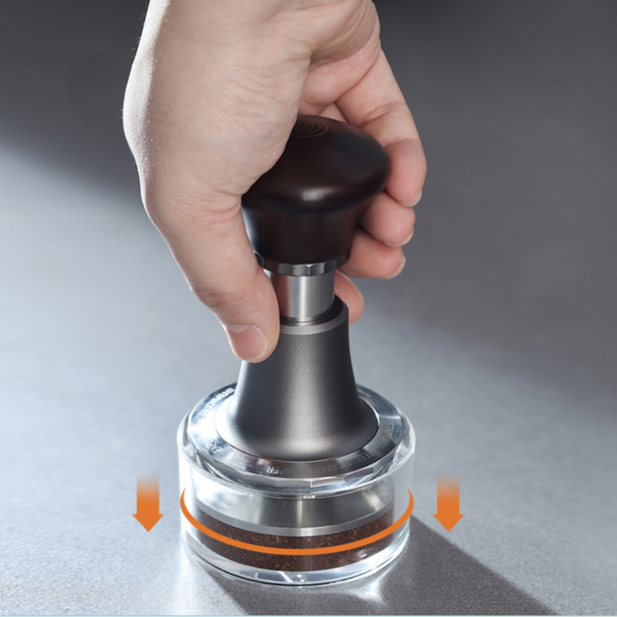 Espresso tamper with ergonomic wooden handle and stainless steel base, demonstrating even coffee puck compression using a precision leveling stand.