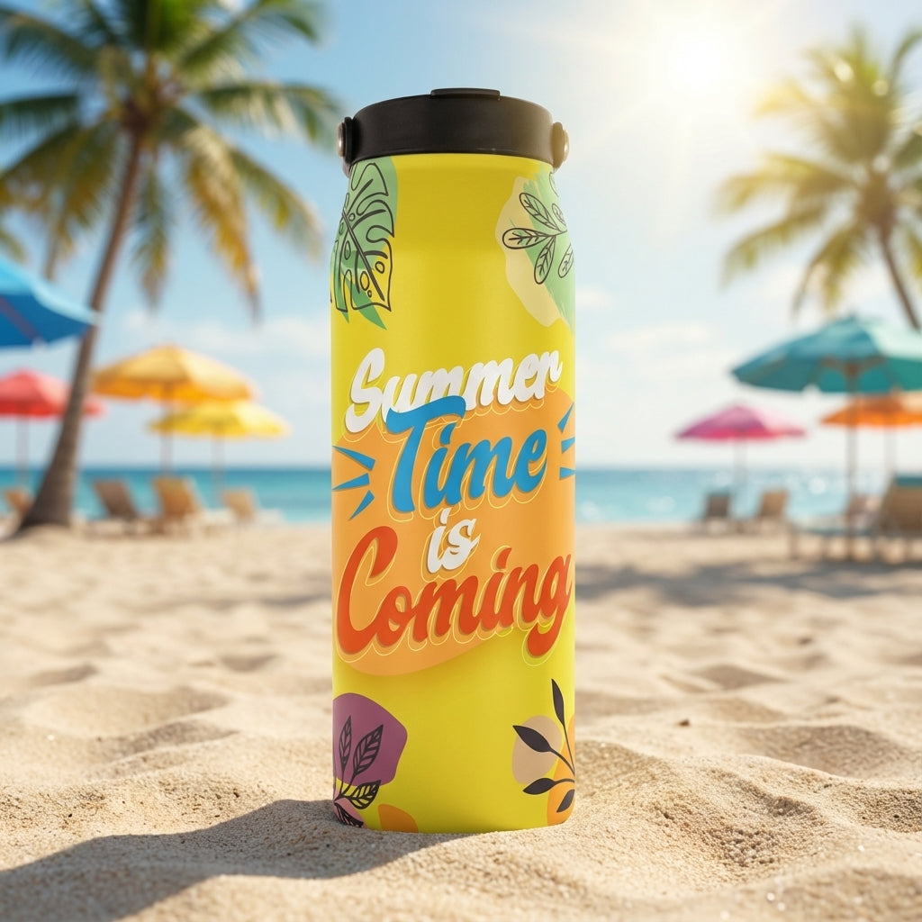LAMOSE Grouse 34 oz yellow tumbler with Summer Time Is Coming text and tropical palm leaves sitting on a sunny beach deck