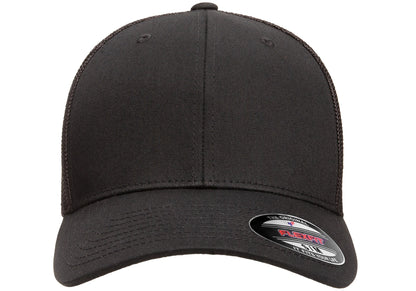 Black Flexfit 6511 trucker mesh cap, front