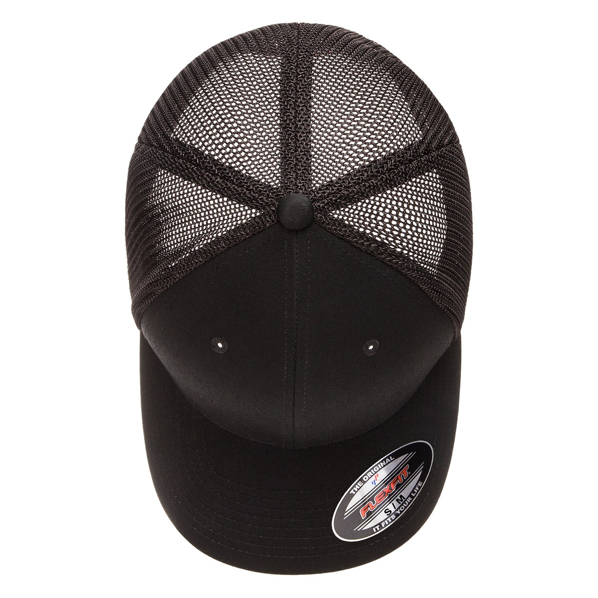 Black Flexfit 6511 trucker mesh cap, top view