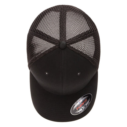 Black Flexfit 6511 trucker mesh cap, top view