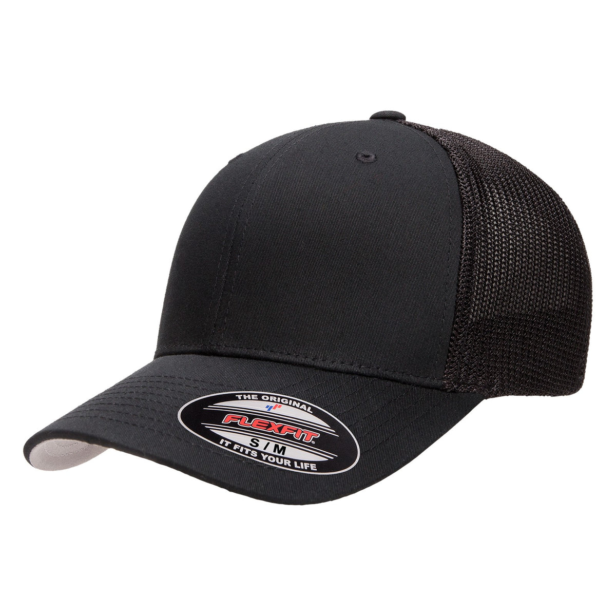 Black Flexfit 6511 trucker mesh cap, three-quarter view