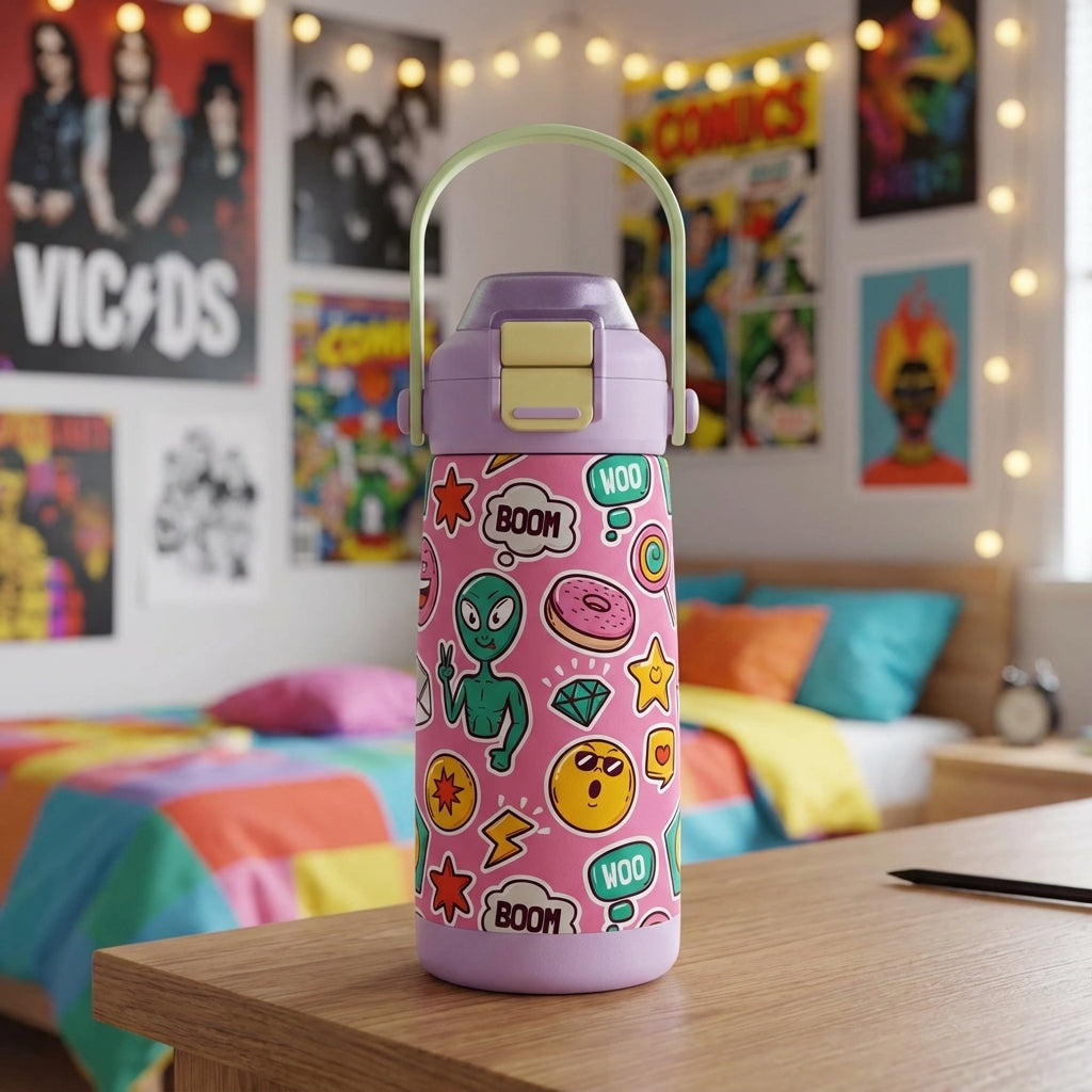 LAMOSE Goose 14oz kids water bottle featuring lavender accents and a pink body covered in cartoon stickers like aliens, donuts, and comic text bubbles.