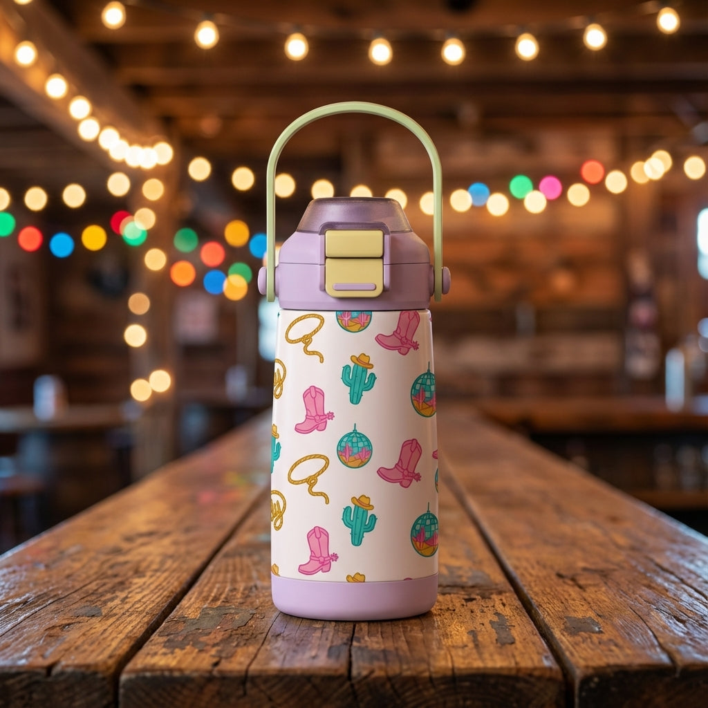 LAMOSE Goose 14 oz kids water bottle with lavender lid and white body featuring pink cowboy boots, cacti, and disco balls pattern on rustic wood.