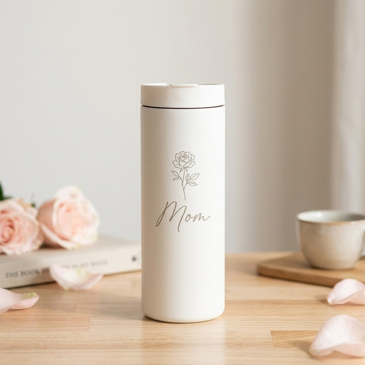 May Rose Birth Flower "Mom" Engraved Grouse 16oz Tumbler — Snow — personalized Mother's Day gift engraved in Calgary, Canada