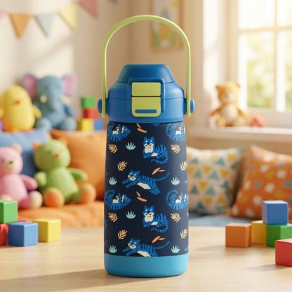 LAMOSE Goose 14 oz kids water bottle featuring a dark blue body with cartoon tiger and leaf pattern, light green handle, surrounded by toys on a textured surface.