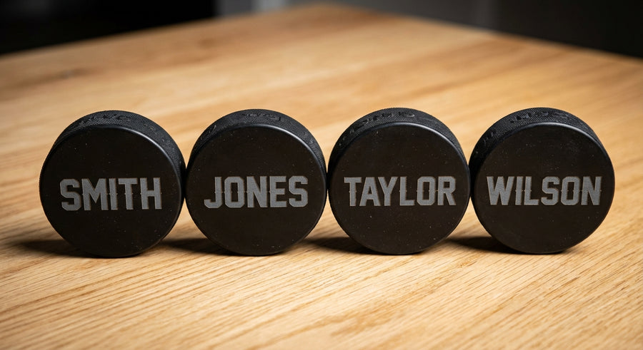 Four personalized hockey pucks side by side on wood surface unique engravings