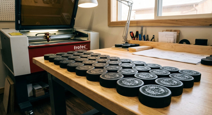 Workshop production laser engraved hockey pucks lined up on workbench Calgary