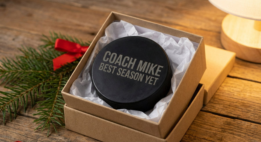 Hockey puck in gift box engraved Coach Mike Best Season Yet