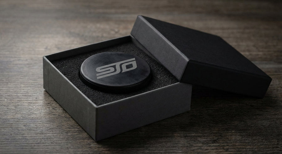 Laser engraved hockey puck in premium gift box with foam insert corporate