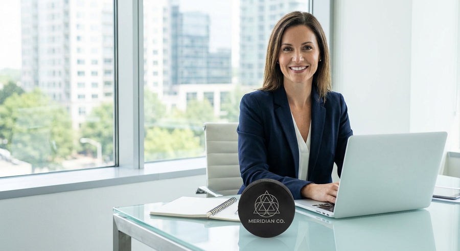 Business executive at desk holding laser engraved hockey puck with company logo