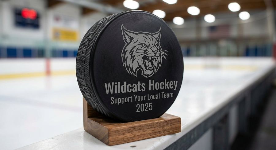 Close-up fundraiser puck Wildcats Hockey Support Your Local Team 2025 engraved