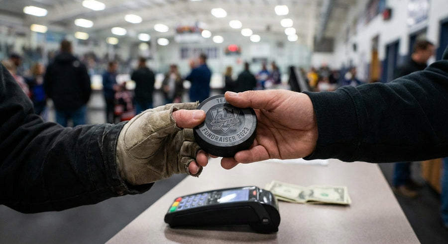 Close-up hands exchanging laser engraved hockey puck purchase at arena