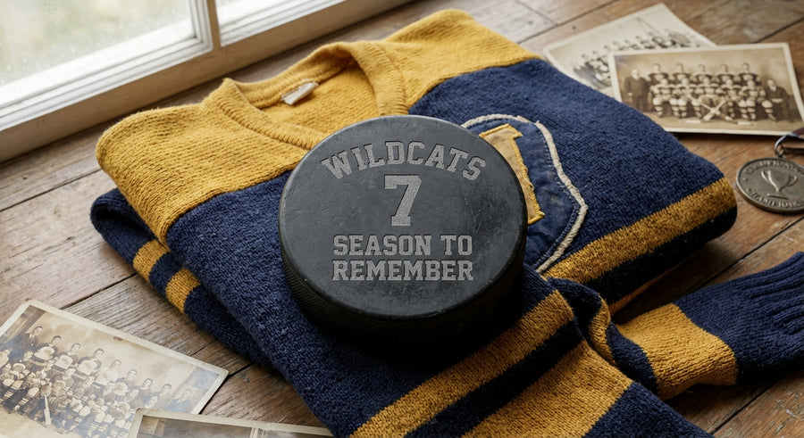 Laser engraved puck on hockey jersey Wildcats 7 Season to Remember