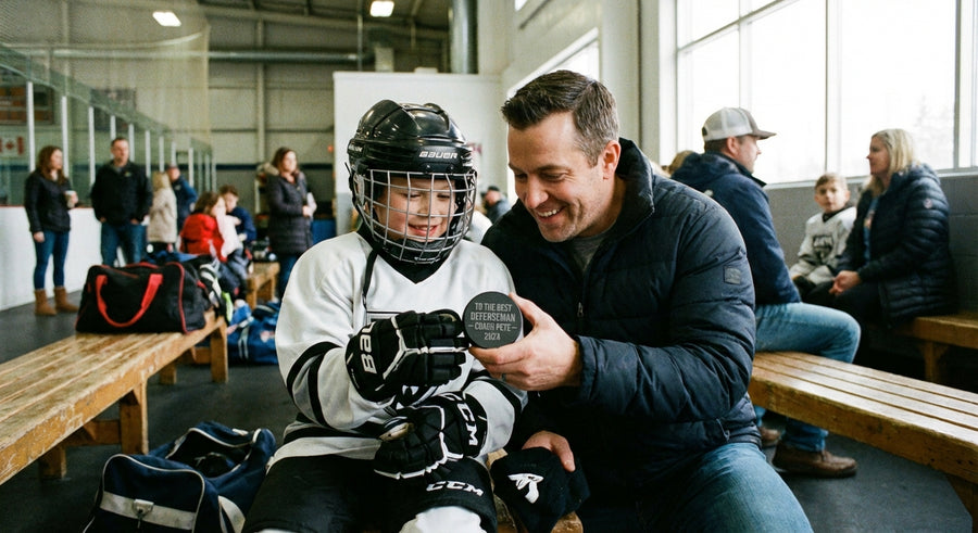 Parent and young hockey player looking at engraved puck together smiling