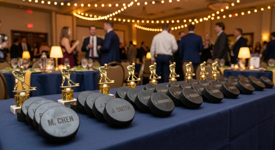 Team banquet awards ceremony with personalized engraved hockey pucks and trophies