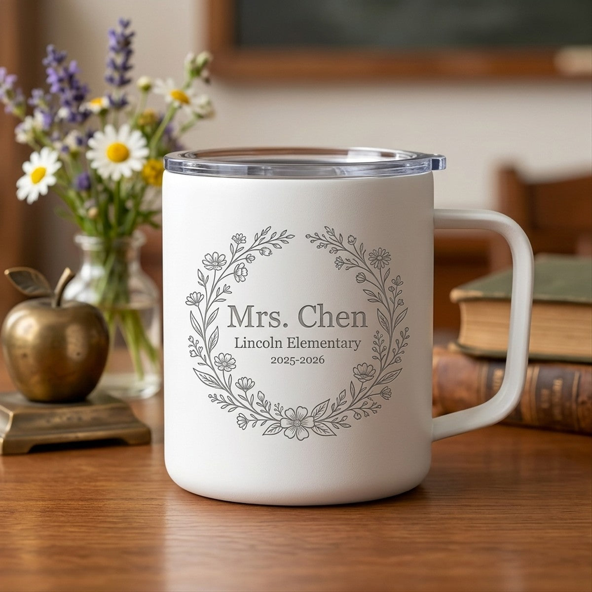 Botanical Wreath Personalized Teacher Hudson Ceramic 12Oz Mug Snow — personalized teacher appreciation gift engraved in Calgary, Canada