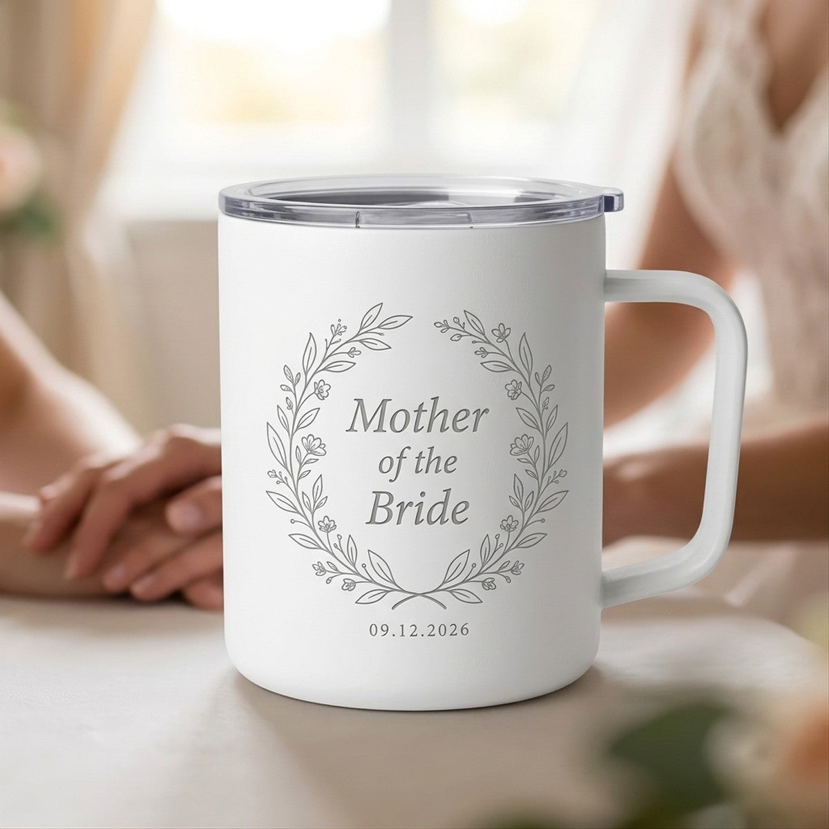 "Mother of the Bride" Botanical Wreath Hudson Ceramic 12oz Mug — Snow
