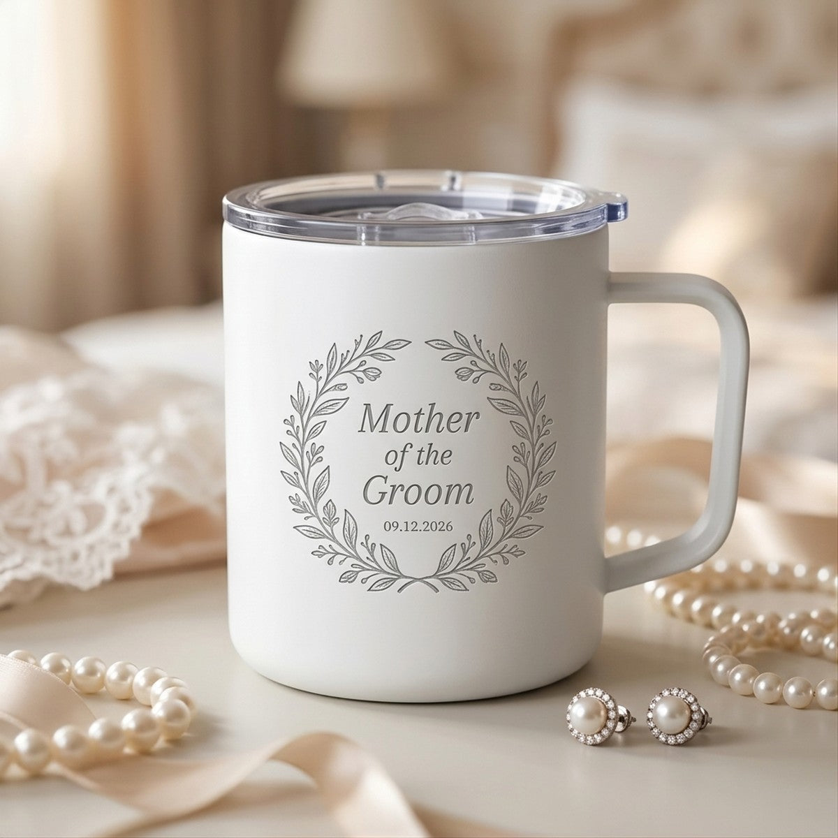 "Mother of the Groom" Botanical Wreath Hudson Ceramic 12oz Mug — Snow