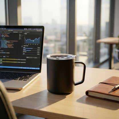 LAMOSE Hudson Ceramic mug on office desk with laptop and morning coffee
