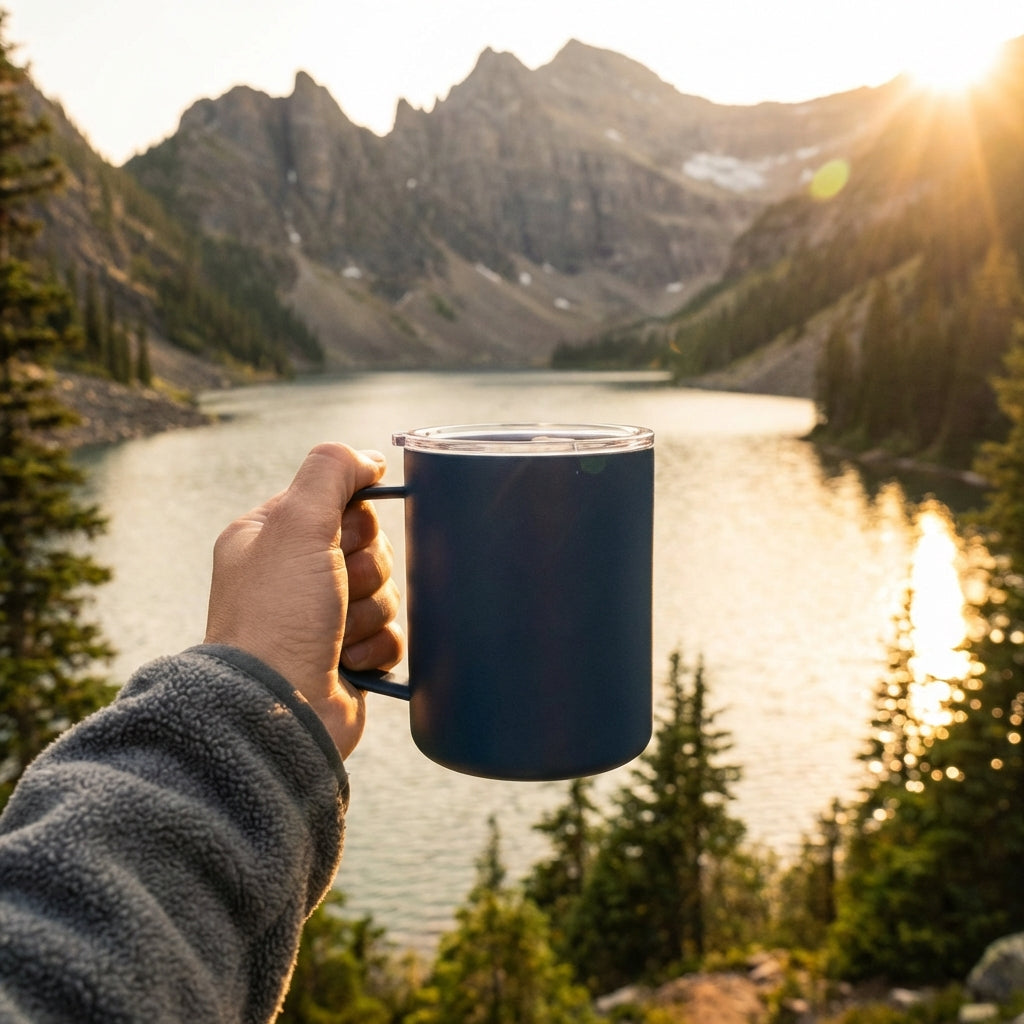 Person holding LAMOSE Hudson Ceramic mug outdoors at mountain lake - adventure
