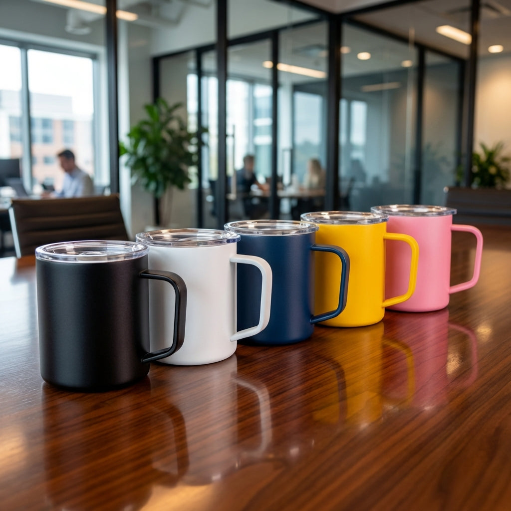 LAMOSE Hudson Ceramic mugs in five colors on conference table - group order