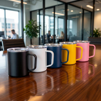 LAMOSE Hudson Ceramic mugs in five colors on conference table - group order