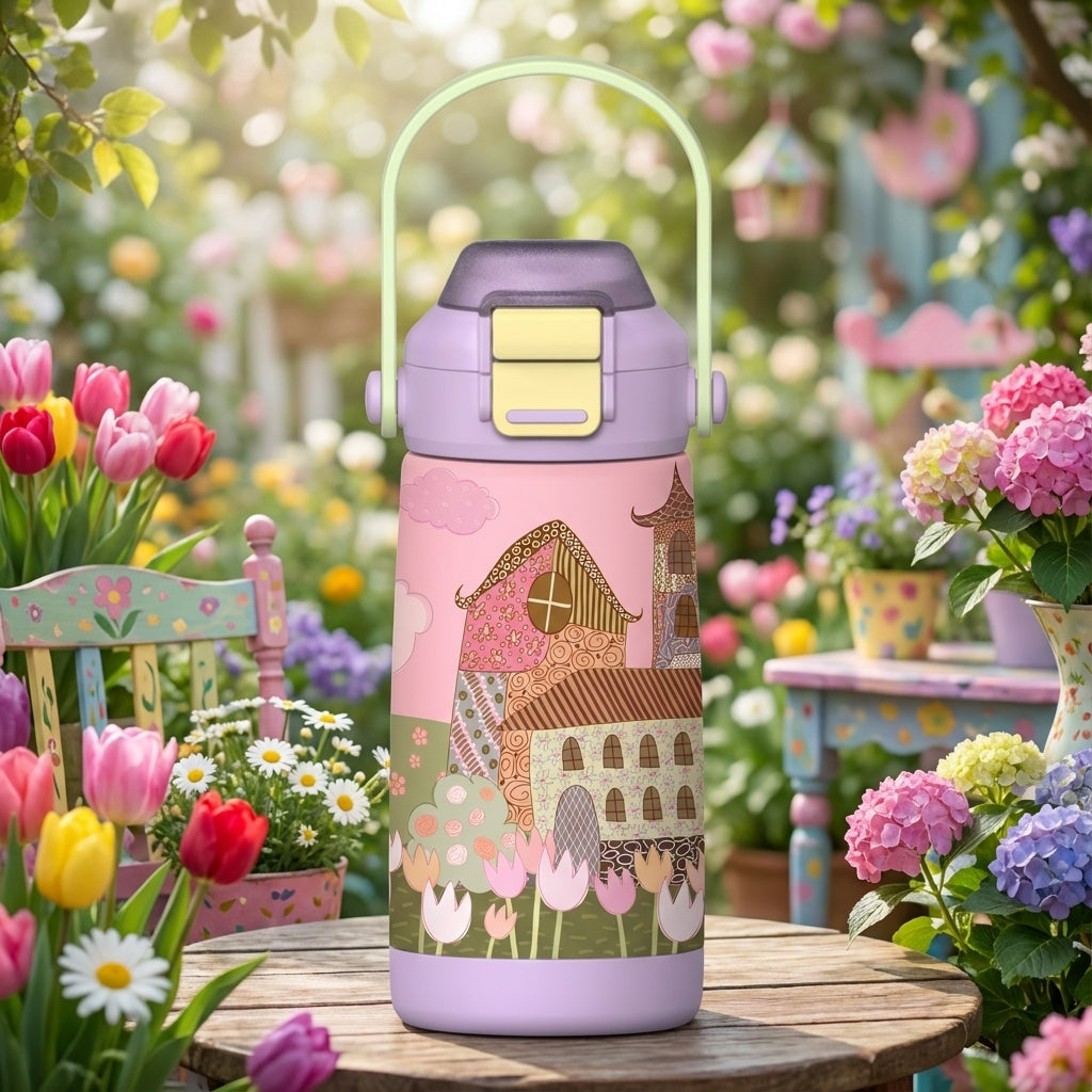 Pink LAMOSE Goose 14 oz kids water bottle featuring a whimsical fairytale house illustration resting on a wooden garden table surrounded by flowers.