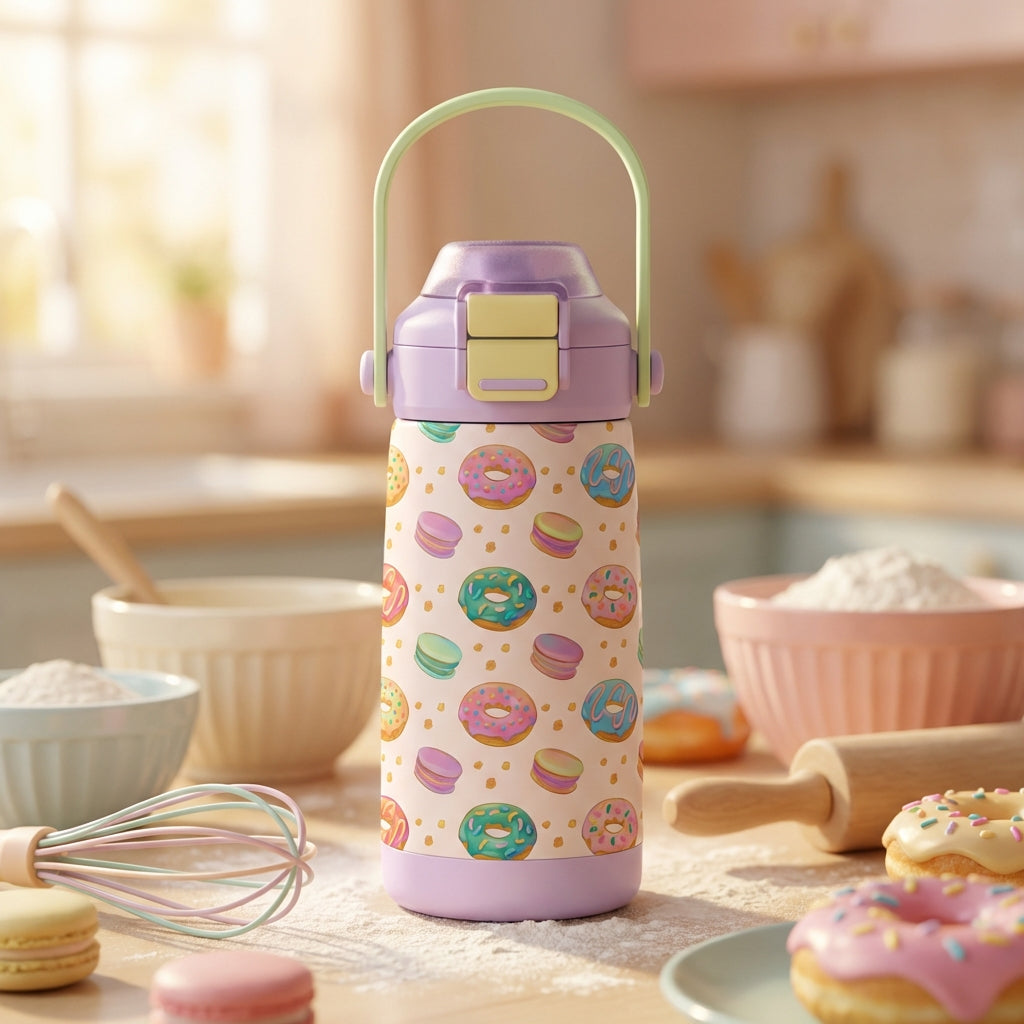 LAMOSE Goose 14 oz kids water bottle featuring a colorful pattern of doughnuts and macarons with a light purple lid and green handle.