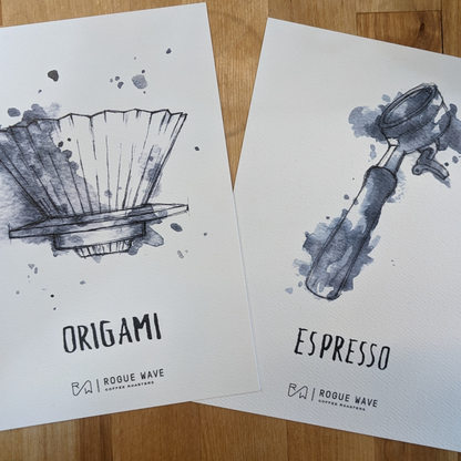 White LAMOSE brew guide cards with watercolor drawings of an Origami pour-over and espresso portafilter on wood.