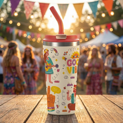 Cream 16oz tumbler featuring retro hippie illustrations including a woman playing guitar, rainbows, and peace signs with a red lid and straw.