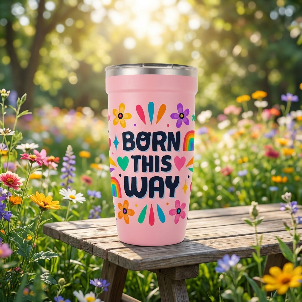 Pink LAMOSE Peyto 16oz tumbler with Born This Way text, rainbow, and flower illustrations sitting on a wooden bench in a wildflower field.
