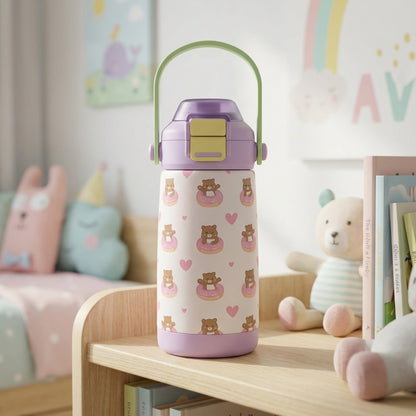 LAMOSE Goose 14 oz kids water bottle in light purple featuring a pattern of teddy bears sitting in pink donuts and hearts.
