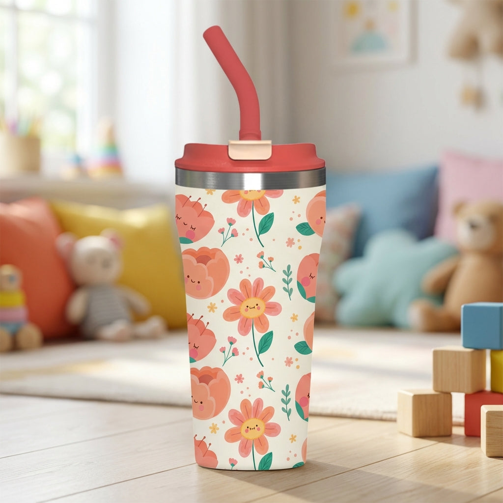 LAMOSE Bow 16 oz stainless steel tumbler featuring a cream background with smiling peach flower buds, green stems, and a coral straw.