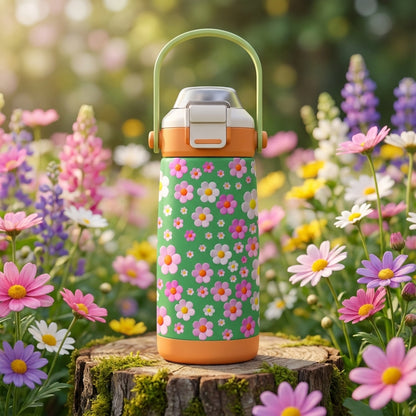 Green LAMOSE Goose 14 oz kids water bottle with pink and orange floral pattern resting on a mossy tree stump in a sunny meadow.