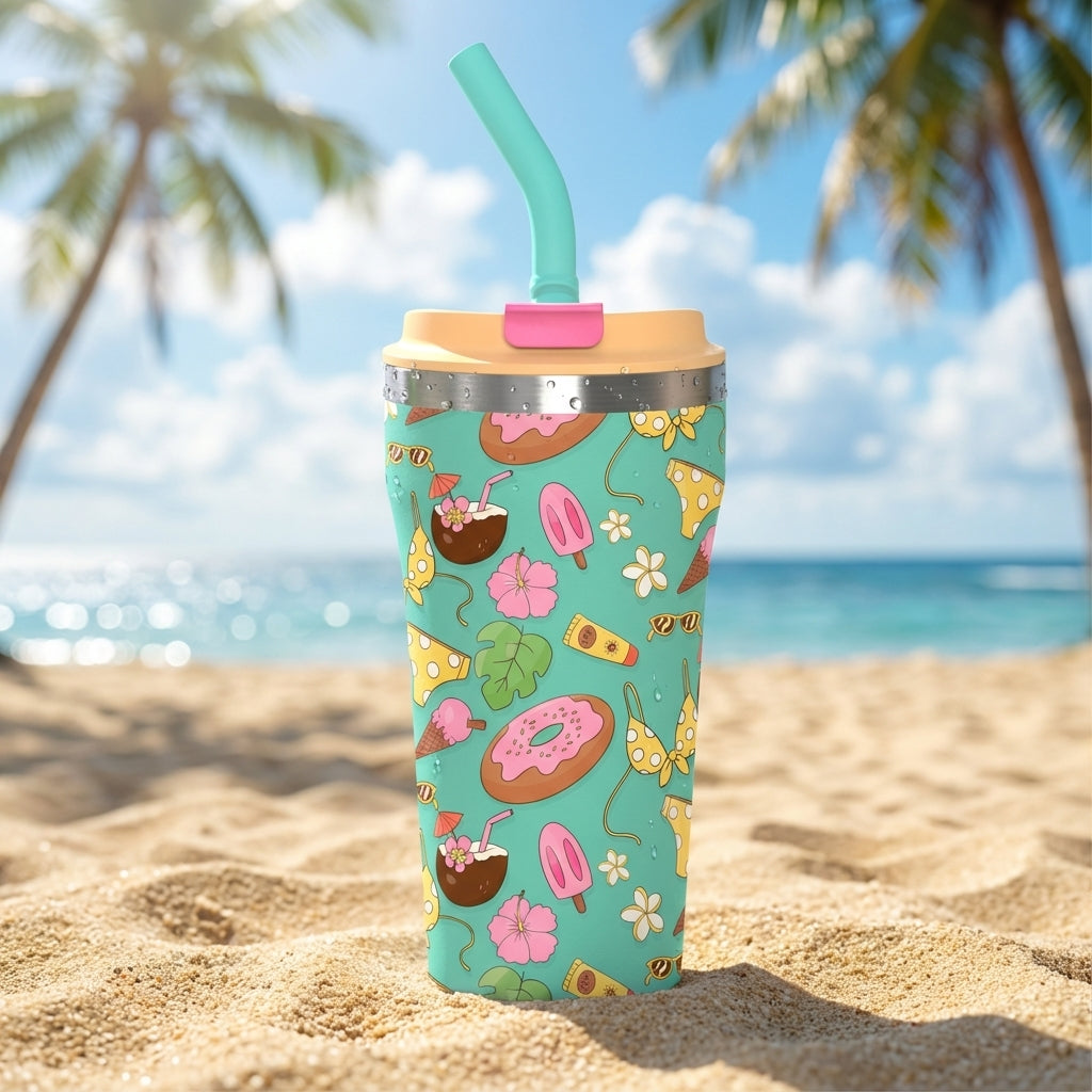 Light teal 16 oz insulated tumbler with yellow lid featuring summer pattern of donuts bikinis coconuts and tropical leaves sitting on a beach towel
