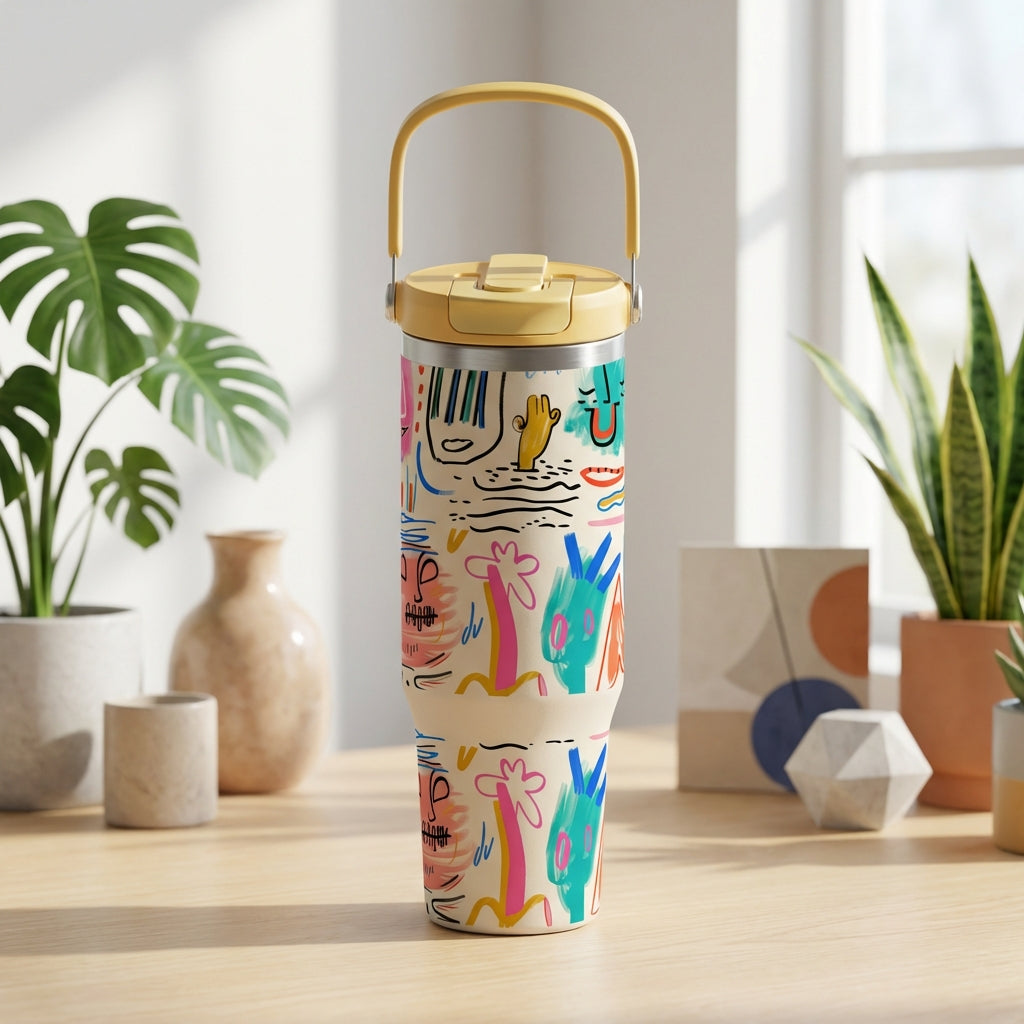 Beige LAMOSE Cascade 40 oz tumbler with yellow handle featuring colorful abstract faces and geometric line art drawings.