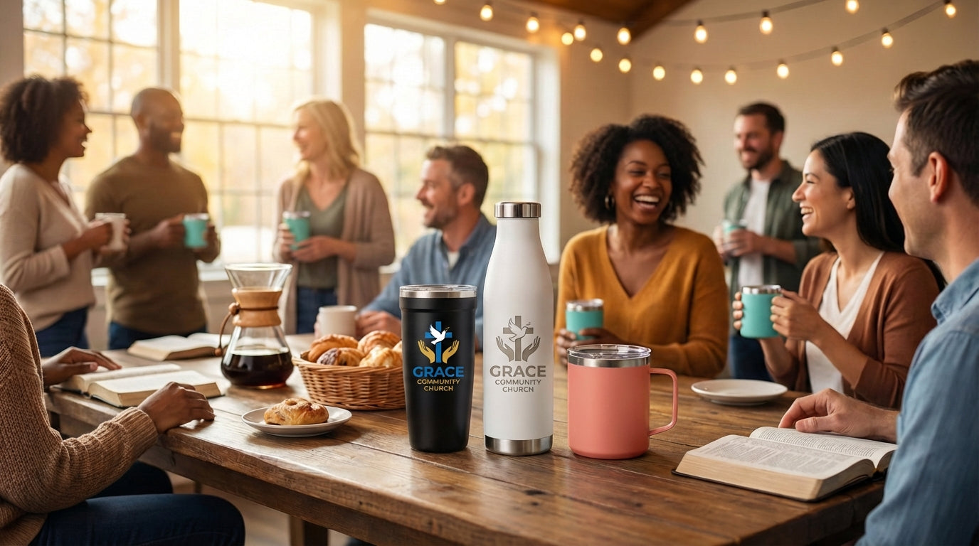 LAMOSE custom drinkware with church logo engraving