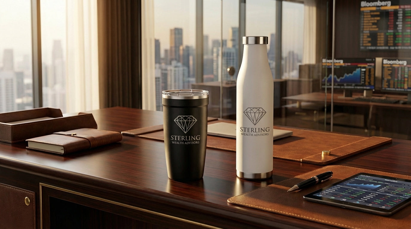 Custom drinkware with financial services firm logo engraving