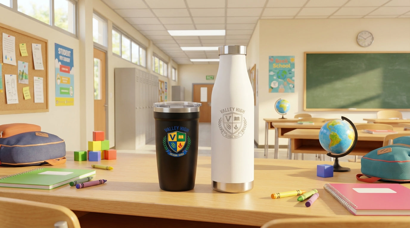 LAMOSE custom drinkware with school logo color print and engraving