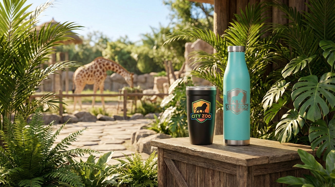 LAMOSE custom drinkware with zoo logo color print and engraving