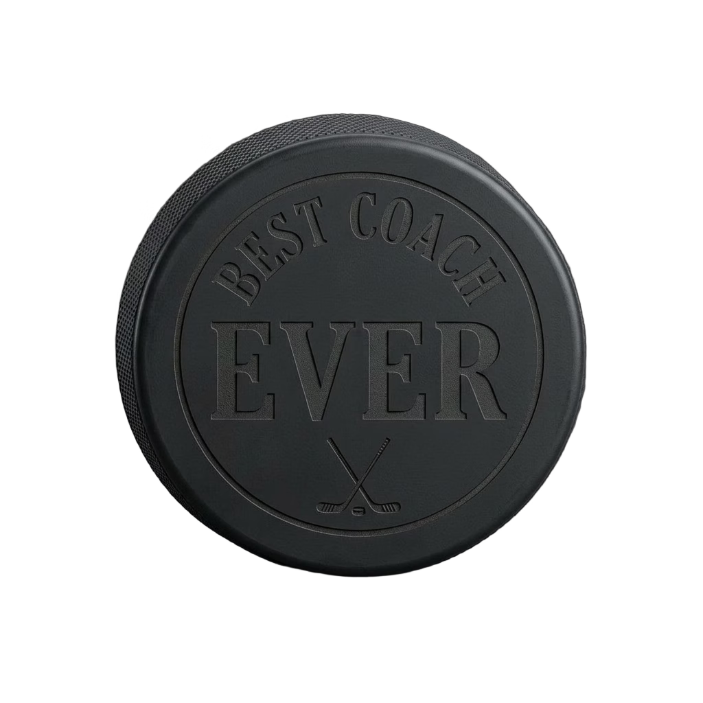 "Best Coach Ever" Engraved Hockey Puck — laser-engraved hockey puck, tonal black-on-black engraving on vulcanized rubber, made in Calgary