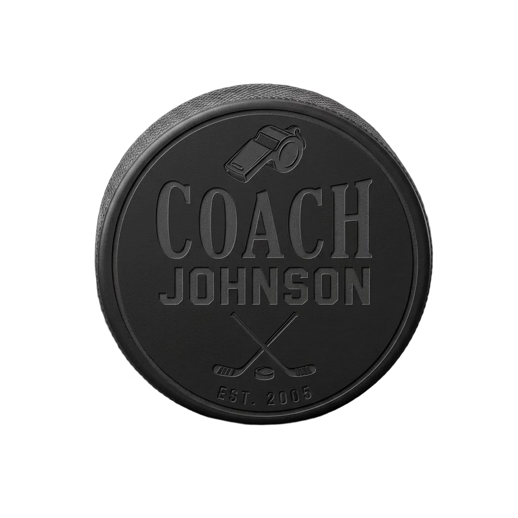 "Coach [Name] Est." Engraved Hockey Puck — laser-engraved hockey puck, tonal black-on-black engraving on vulcanized rubber, made in Calgary