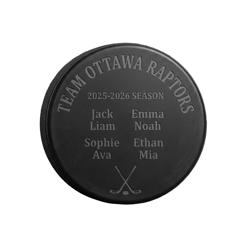 Custom Team Roster Engraved Hockey Puck — laser-engraved hockey puck, tonal black-on-black engraving on vulcanized rubber, made in Calgary