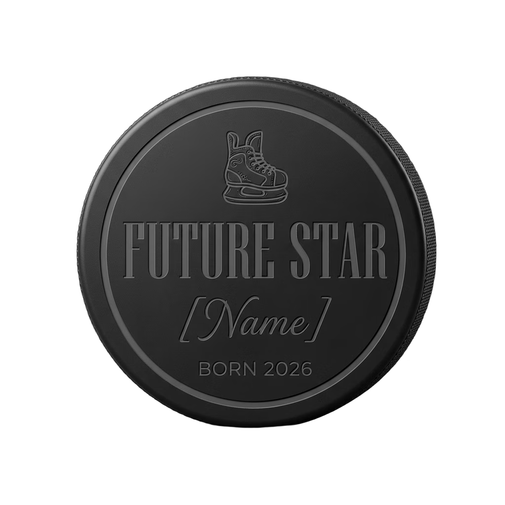 "Future Star" Baby Hockey Milestone Engraved Puck — laser-engraved hockey puck, tonal black-on-black engraving on vulcanized rubber, made in Calgary