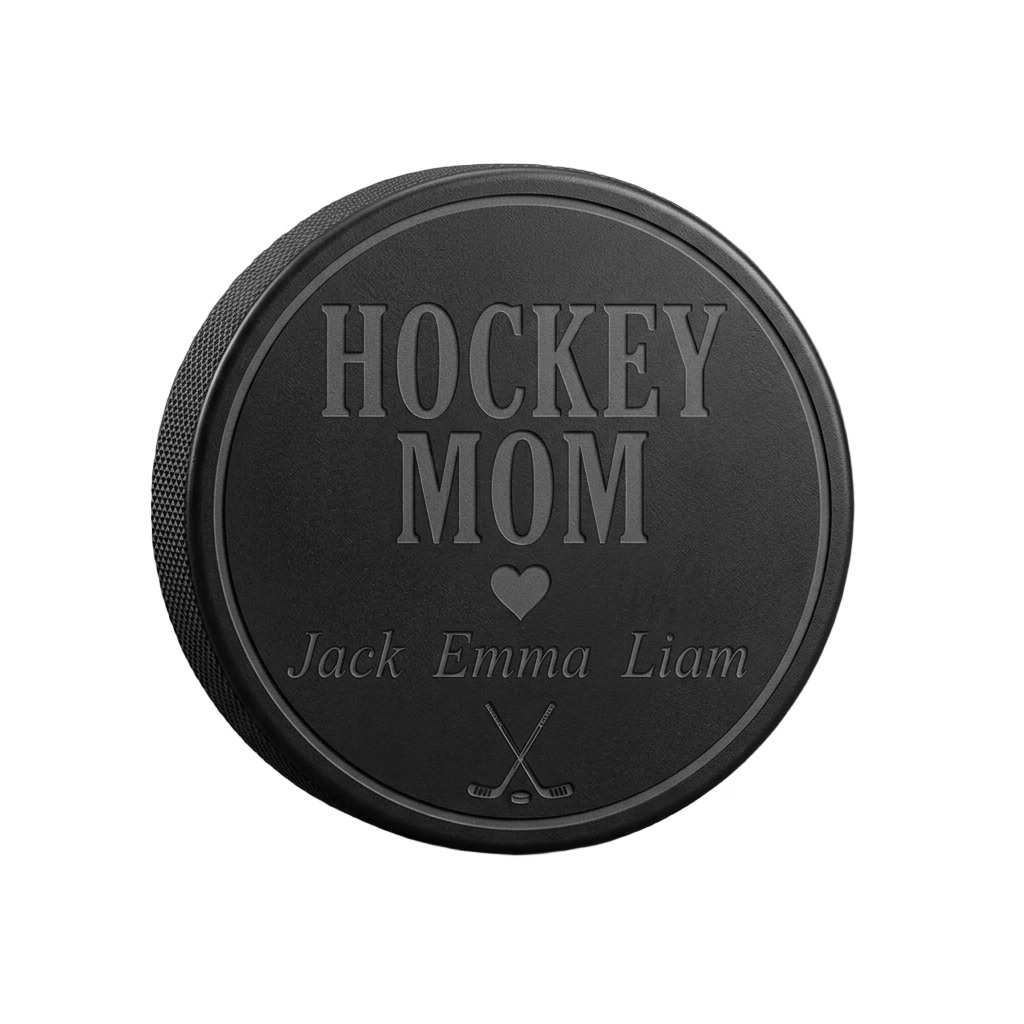 "Hockey Mom" + Kids' Names Engraved Hockey Puck — laser-engraved hockey puck, tonal black-on-black engraving on vulcanized rubber, made in Calgary